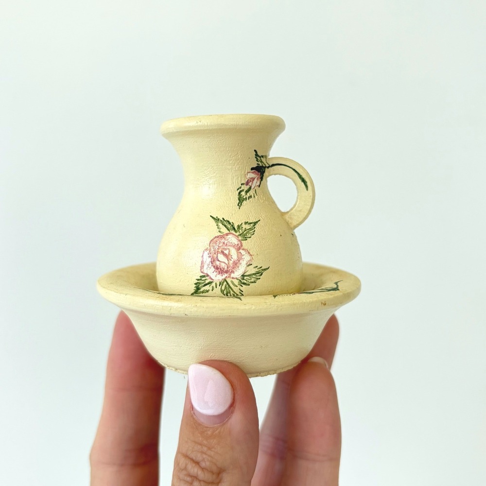 Vintage Miniature Pitcher and Basin Set Hand Painted Pink Floral Yellow 3 Inch
